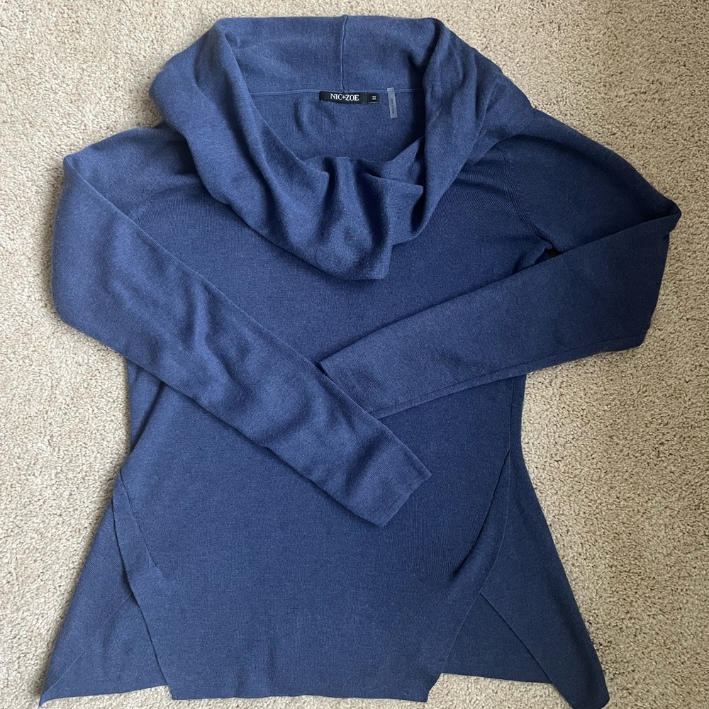 Nic + Zoe cute cowl neck sweater with angled cut out by hips